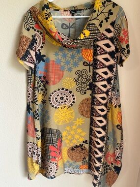 Shana Cowl-Neck Multicolor Floral & Geometric Dress — Yellow, Blue, Coral, Black